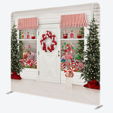 Lofaris White Christmas Candy Store Tension Fabric Backdrop